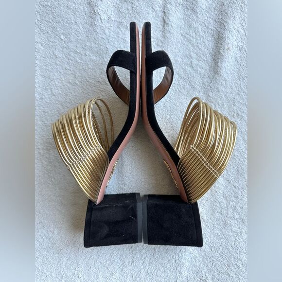 Aquazzura Rendez vous Sandals Black suede Gold strap size 38.5‎ US 8 heels - Picture 10 of 15